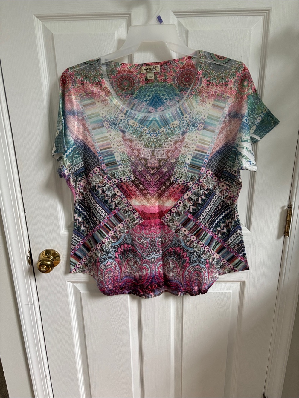ONE WORLD Pink Teal Blue Multi-Print Short Sleeve Top size 2x